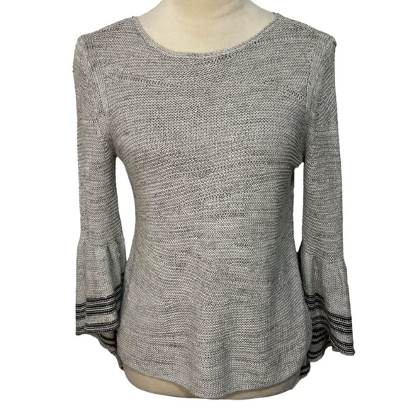 NIC+ZOE Gray Linen Long Striped Ruffle Bell Sleeve Pullover Sweater Size 2P - Picture 1 of 11